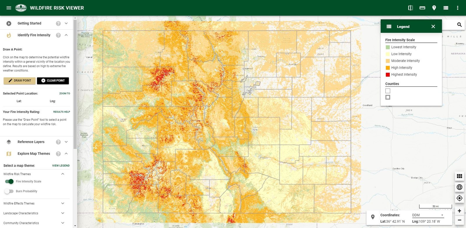 CO-WRAP Wildfire Risk Viewer showing fire intensity across Colorado