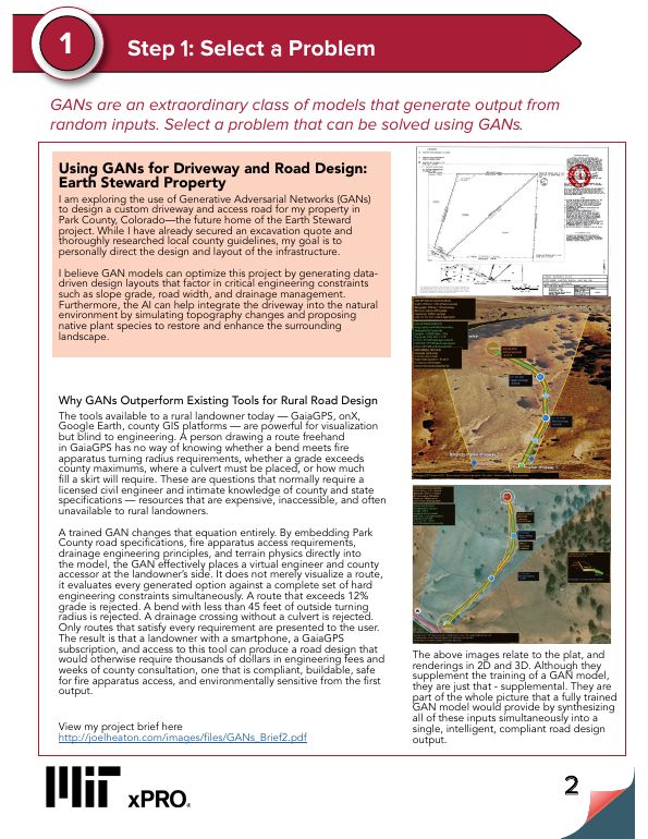 MIT xPRO Module 8 workbook page: GANs for driveway and road design