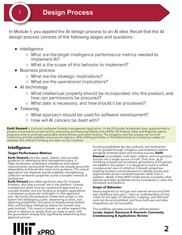 MIT xPRO Module 9 workbook page: capstone design process