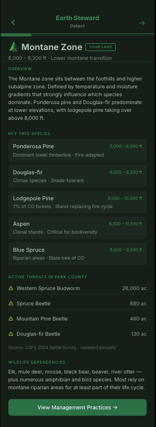 Earth Steward React app: Montane zone page with key tree species and Park County threats